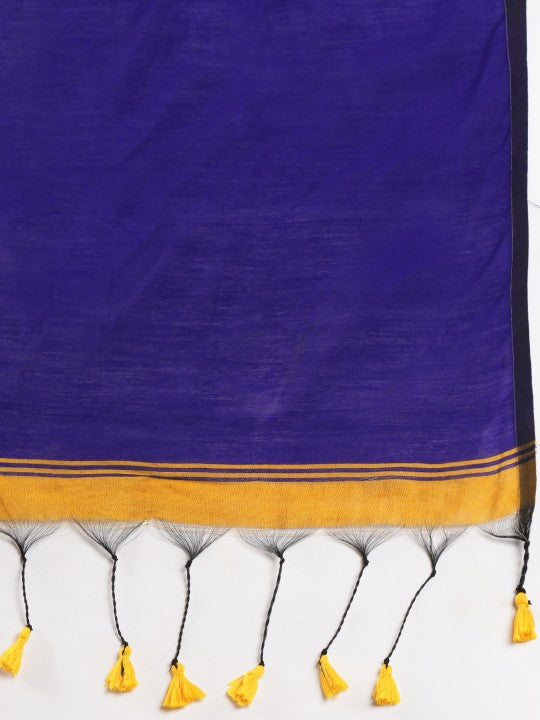 DESH BIDESH Ghicha Cotton Colourblocked Saree: Elegant Mustard & Blue Blend