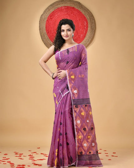 DESH BIDESH Purple Cotton Blend Jamdani Saree with Woven Floral Design
