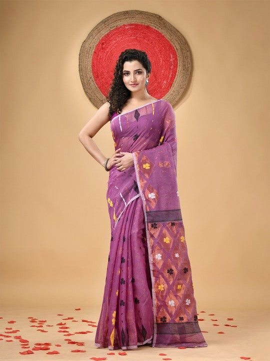 DESH BIDESH Purple Cotton Blend Jamdani Saree with Woven Floral Design