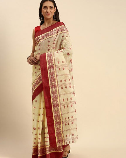 DESH BIDESH Phulkoli Woven Design Pure Cotton Bengal Taant Saree