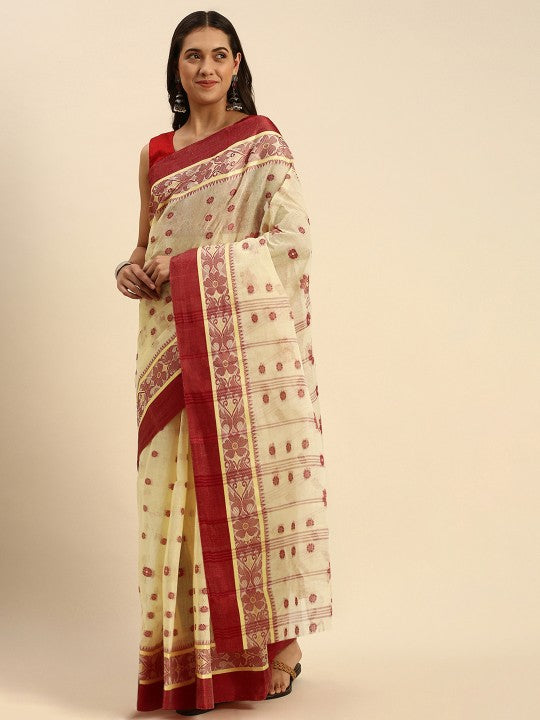 DESH BIDESH Phulkoli Woven Design Pure Cotton Bengal Taant Saree