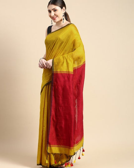 DESH BIDESH Ghicha Cotton Colourblocked Saree: Elegant Red & Yellow Saree with Blouse Piece