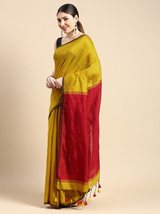 DESH BIDESH Ghicha Cotton Colourblocked Saree: Elegant Red & Yellow Saree with Blouse Piece