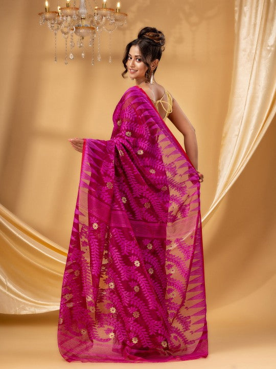 Exquisite DESH BIDESH Pure Cotton Jamdani Saree with Woven Floral Zari Design