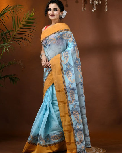 DESH BIDESH Blue Paisley Pure Cotton Taant Saree with Solid Border and Orange Pallu for Women