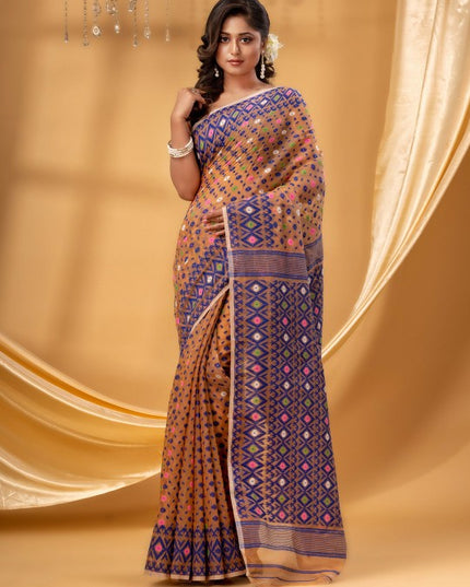 Exquisite Orange & Blue Pure Cotton Jamdani Saree with Woven Design Border