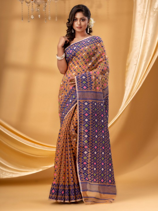 Exquisite Orange & Blue Pure Cotton Jamdani Saree with Woven Design Border