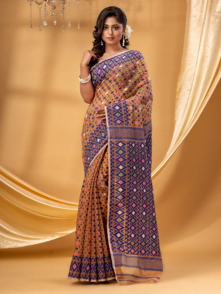 Exquisite Orange & Blue Pure Cotton Jamdani Saree with Woven Design Border