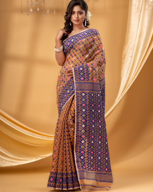 Exquisite Pure Cotton Jamdani Saree: Orange & Blue Woven Design for Women