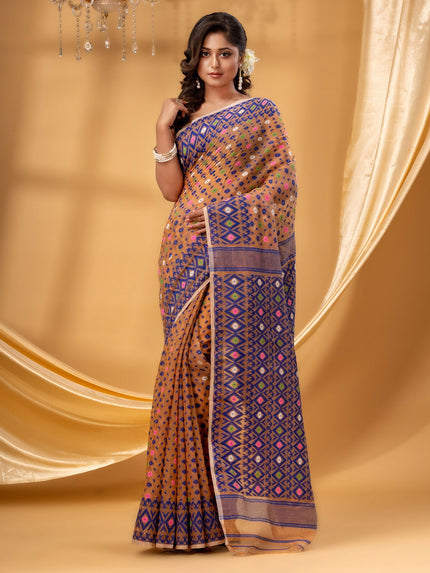Exquisite Pure Cotton Jamdani Saree: Orange & Blue Woven Design for Women