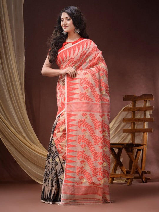 Elegant DESH BIDESH Floral Woven Pure Cotton Jamdani Saree; Traditional Indian Attire
