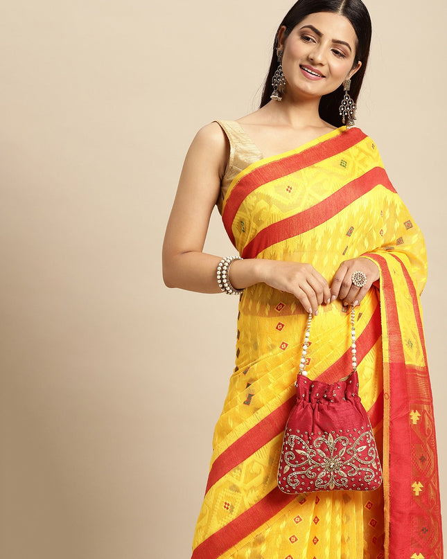 DESH BIDESH Red & Yellow Woven Design Pure Cotton Jamdani Saree
