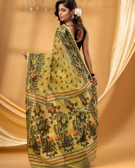 DESH BIDESH Green Black Pure Cotton Jamdani Saree for Women