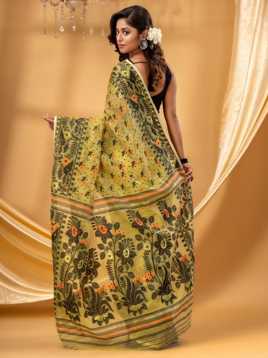 DESH BIDESH Green Black Pure Cotton Jamdani Saree for Women