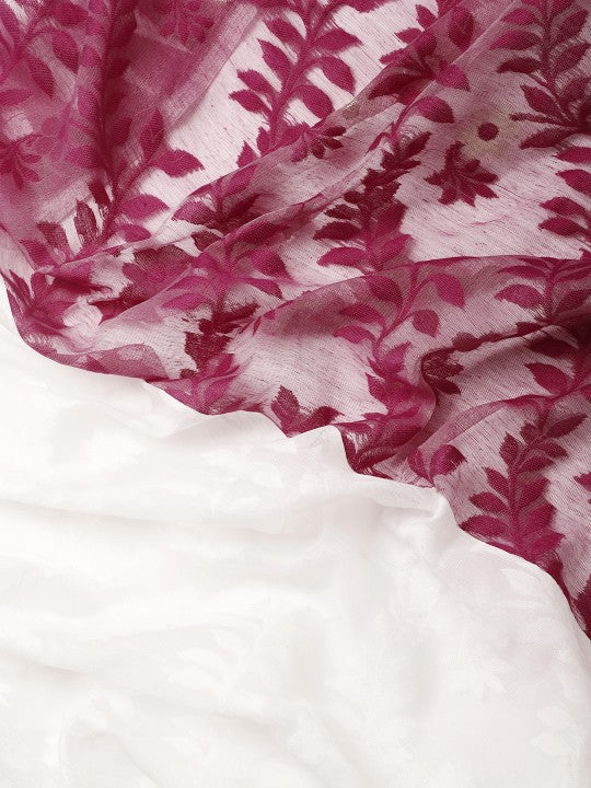 DESH BIDESH Magenta & White Ethnic Motifs Pure Cotton Taant Saree