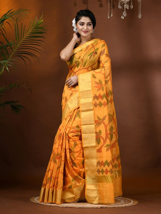 DESH BIDESH Floral Woven Zari Cotton Silk Saree with Unstitched Blouse Piece