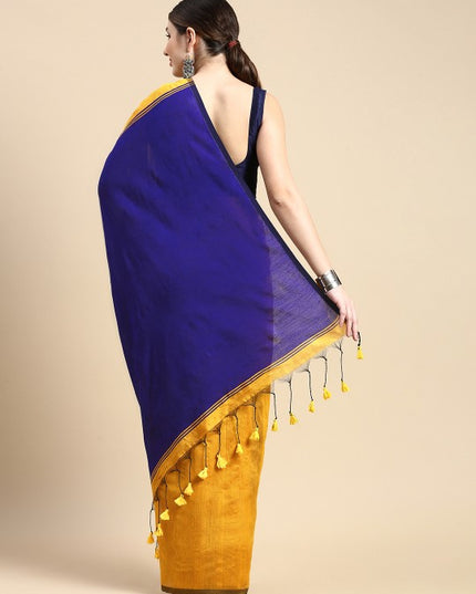 DESH BIDESH Ghicha Cotton Colourblocked Saree: Elegant Mustard & Blue Blend