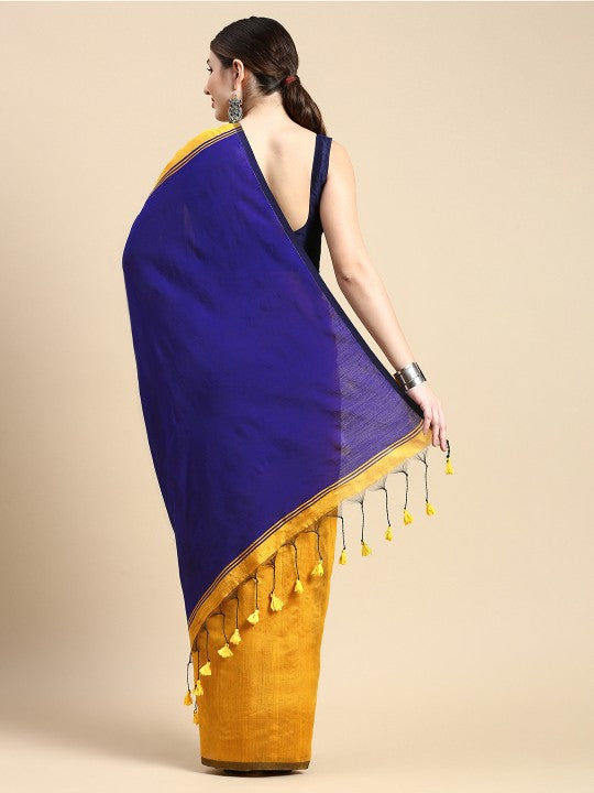 DESH BIDESH Ghicha Cotton Colourblocked Saree: Elegant Mustard & Blue Blend