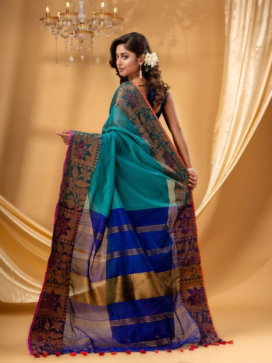 DESH BIDESH Floral Woven Dsign Zari Silk Cotton Taant Saree
