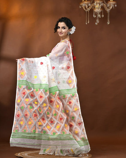 DESH BIDESH White and Red Floral Woven Design Jamdani Saree for Women