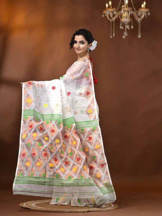 DESH BIDESH White and Red Floral Woven Design Jamdani Saree for Women
