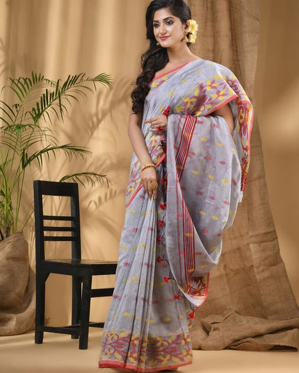Exquisite Silver-Toned Red Silk Cotton Taant Saree with Woven Ethnic Motifs