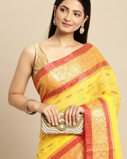 DESH BIDESH Yellow Ethnic Motifs Pure Cotton Taant Saree
