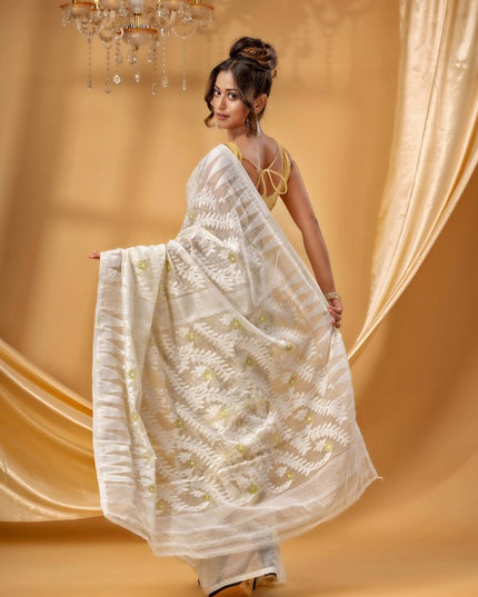 DESH BIDESH Elegant Off-White Gold-Toned Zari Woven Design Pure Cotton Jamdani Saree