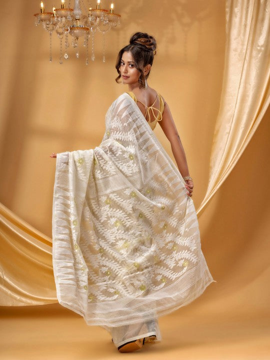 DESH BIDESH Elegant Off-White Gold-Toned Zari Woven Design Pure Cotton Jamdani Saree