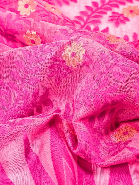 Exquisite Pink Gold-Toned Pure Cotton Jamdani Saree with Ethnic Woven Motifs