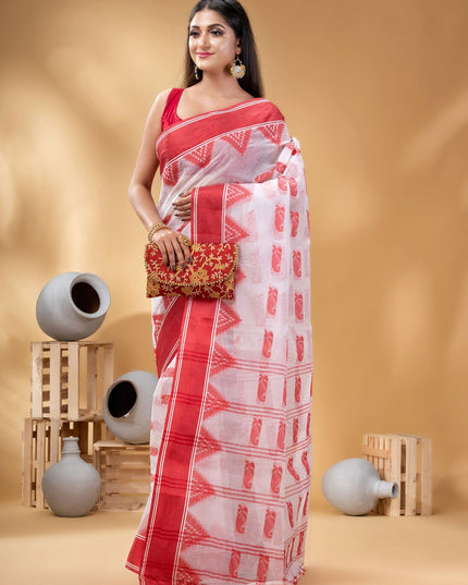 Elegant White & Red Pure Cotton Taant Saree with Paisley Woven Design Border