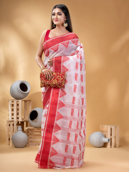 Elegant White & Red Pure Cotton Taant Saree with Paisley Woven Design Border