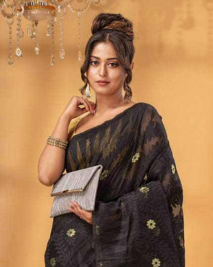 DESH BIDESH Black Gold Woven Pure Cotton Jamdani Saree Ethnic Motifs Women's