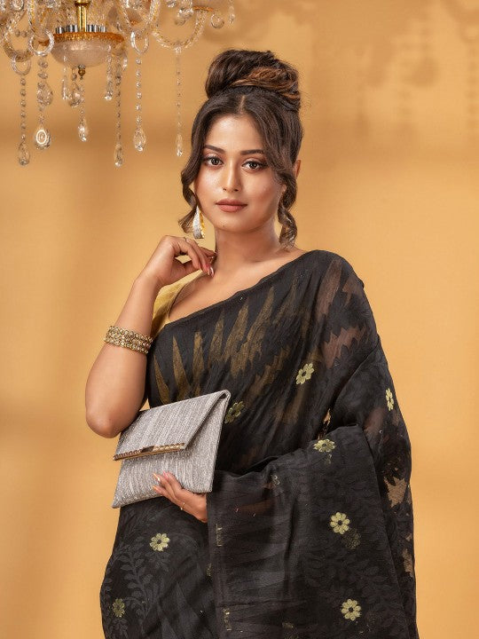 DESH BIDESH Black Gold Woven Pure Cotton Jamdani Saree Ethnic Motifs Women's