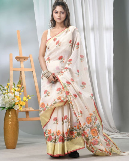 DESH BIDESH Elegant Floral Printed Saree with Solid Border and Unstitched Blouse