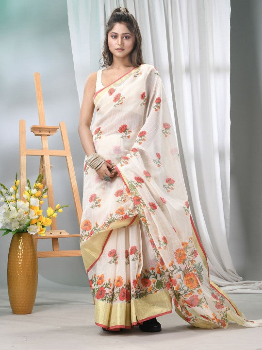 DESH BIDESH Elegant Floral Printed Saree with Solid Border and Unstitched Blouse