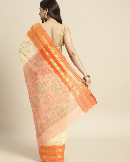 Peach Coloured & Beige Ethnic Motifs Pure Cotton Taant Saree