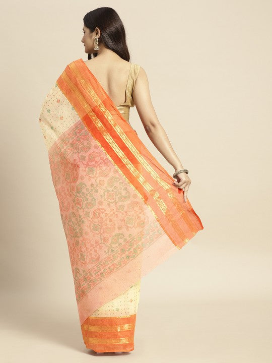 Peach Coloured & Beige Ethnic Motifs Pure Cotton Taant Saree