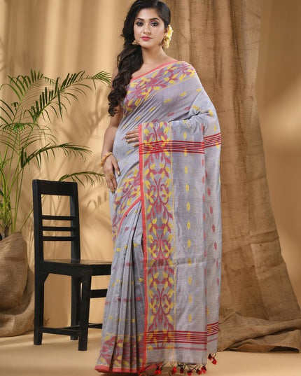 Exquisite Silver-Toned Red Silk Cotton Taant Saree with Woven Ethnic Motifs