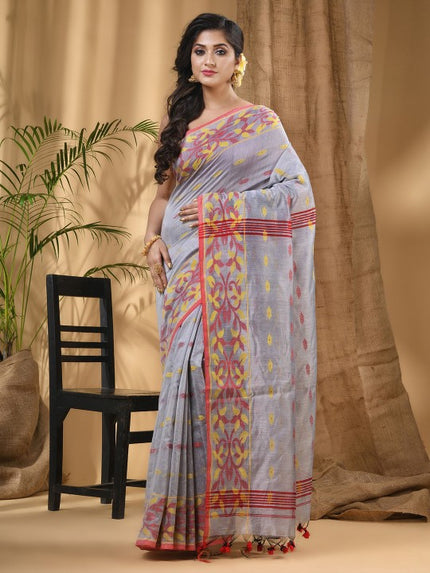 Exquisite Silver-Toned Red Silk Cotton Taant Saree with Woven Ethnic Motifs