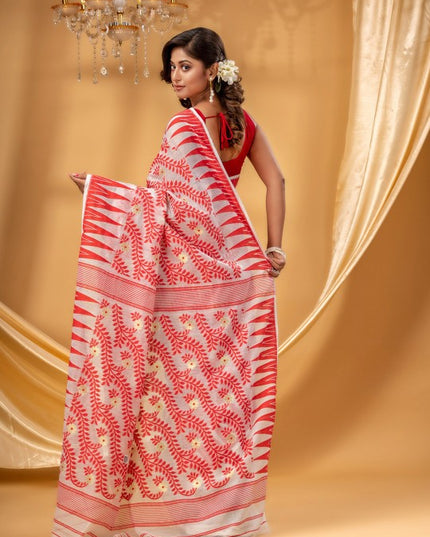 Red Cream Woven Pure Cotton Jamdani Saree with Floral Design Border