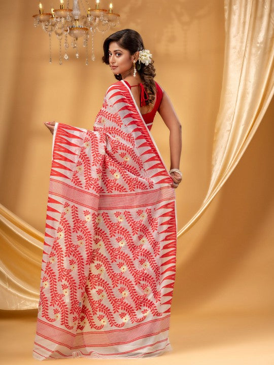 Red Cream Woven Pure Cotton Jamdani Saree with Floral Design Border