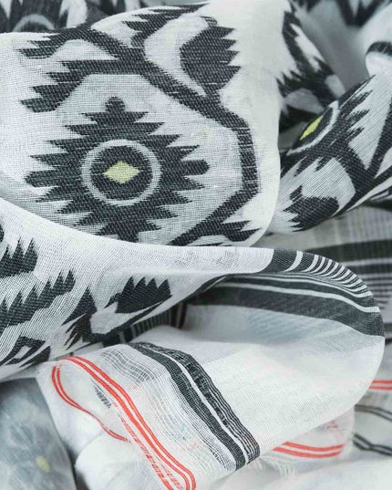 DESH BIDESH White & Black Woven Design Jamdani Saree with Matching Blouse Piece