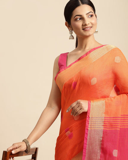 DESH BIDESH Orange & Beige Geometric Design Pure Cotton Taant Saree