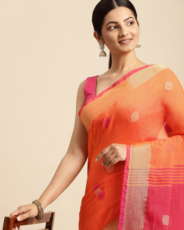 DESH BIDESH Orange & Beige Geometric Design Pure Cotton Taant Saree