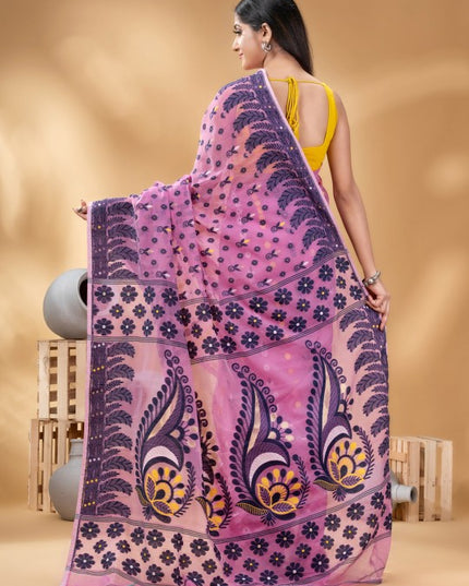 DESH BIDESH Pink & Black Woven Design Pure Cotton Handloom Jamdani Saree