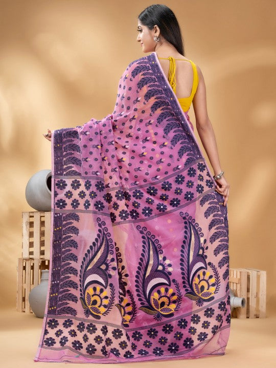 DESH BIDESH Pink & Black Woven Design Pure Cotton Handloom Jamdani Saree