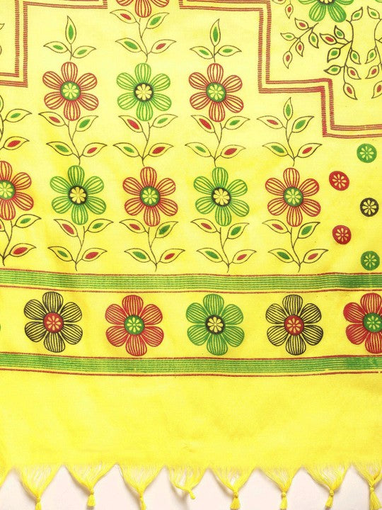 DESH BIDESH Yellow & Maroon Floral Print Pure Cotton Taant Saree