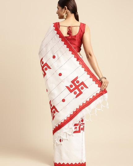 DESH BIDESH White & Red Printed Pure Cotton Taant Saree