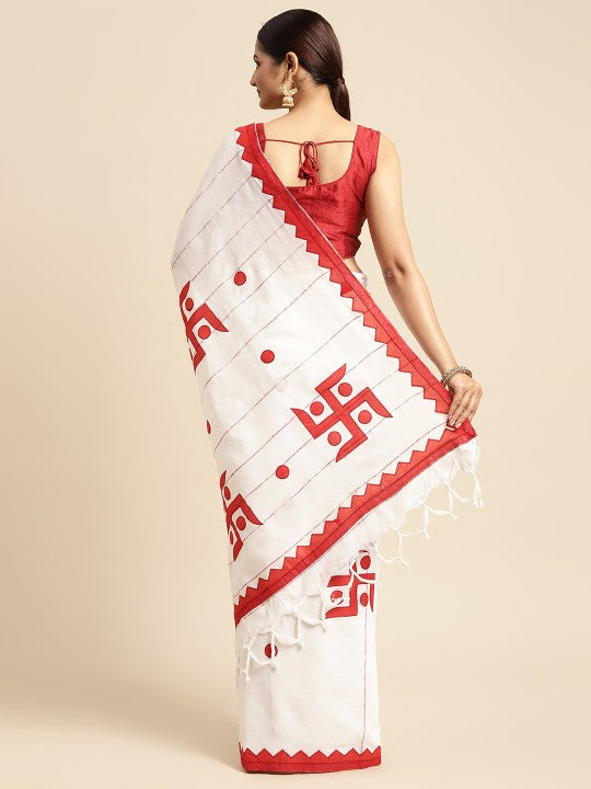 DESH BIDESH White & Red Printed Pure Cotton Taant Saree